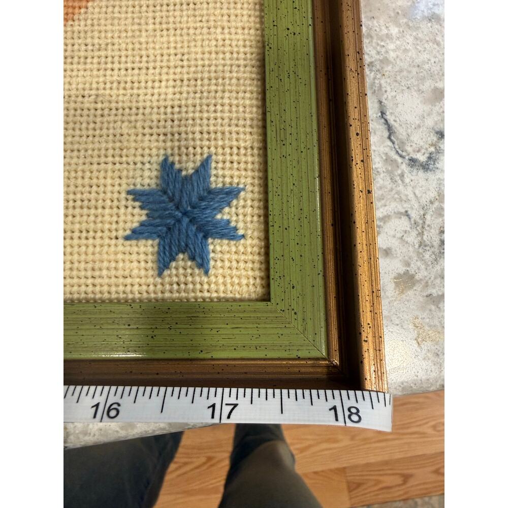 Vintage 1975 Framed Cross Stitch Hand Embroidery Colorful Textile Art 18.5x18.5" - Picture 9 of 9